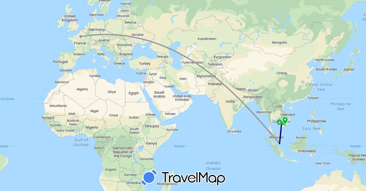 TravelMap itinerary: driving, bus, plane in France, Cambodia, Singapore, Vietnam (Asia, Europe)